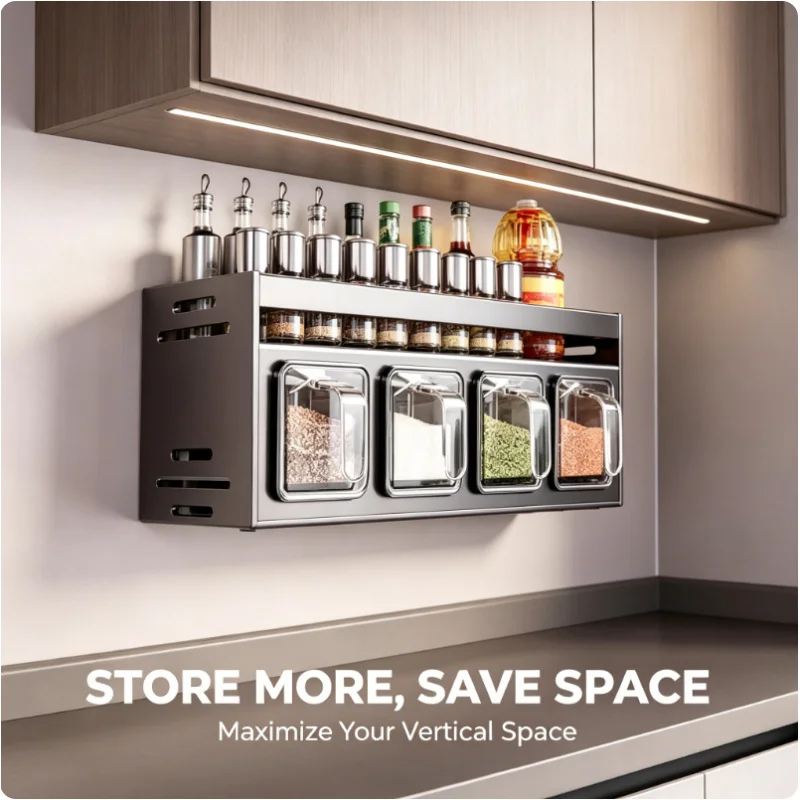 Home Kitchen Wall Hanging Spice Storage Rack Stainless Steel Multi-grid Seasoning Container Space Saving Organizer Shelf