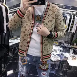 Cardigã de tricô de manga comprida masculina, Botões Casaco, Decote em V, Patchwork, Malhas, Moda, Impressão, Tendência, Novo, Outono, Inverno