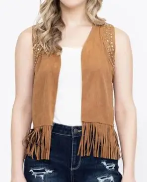 Women's Faux Suede Vest Solid Rivet Sleeveless Open Front Tassel Cardigan