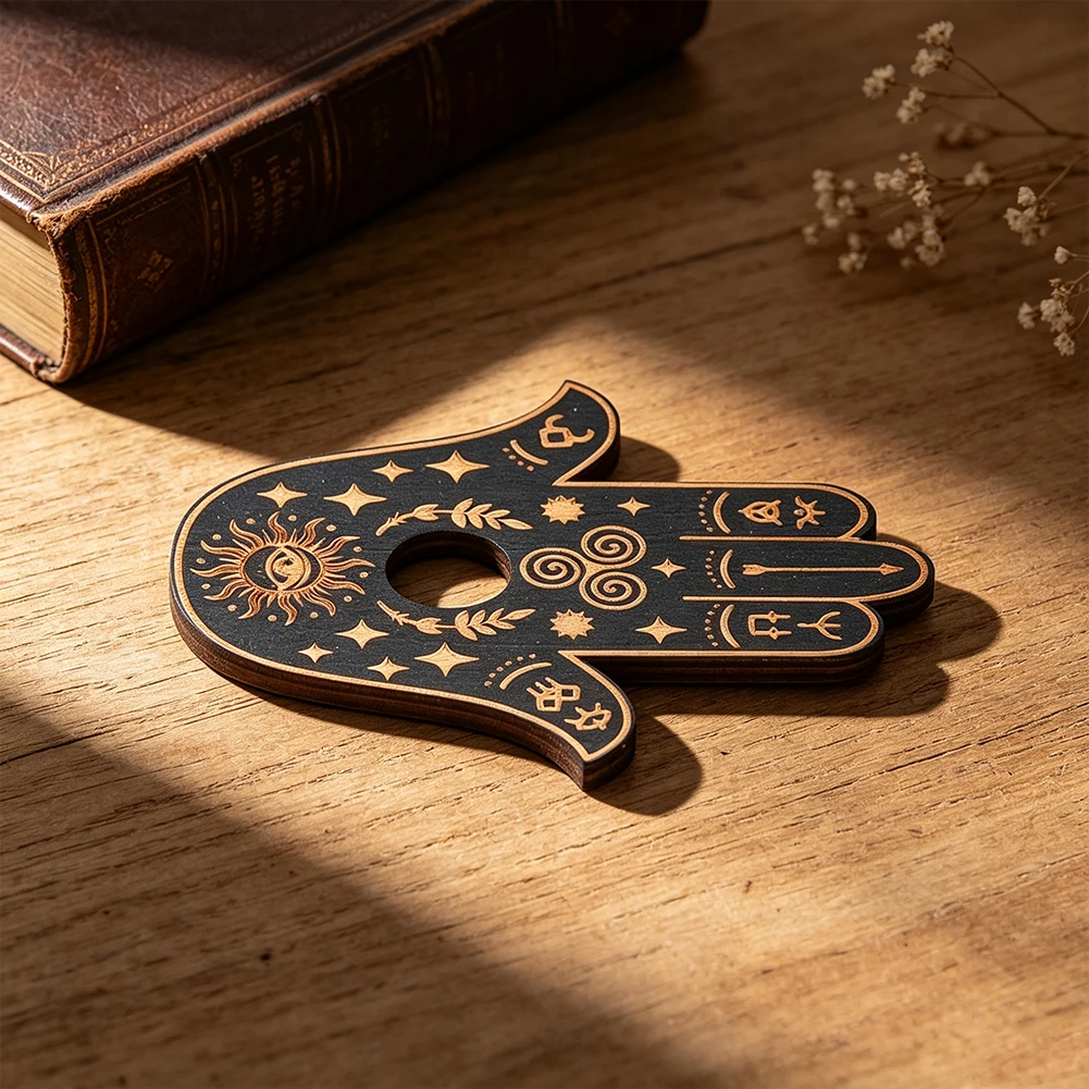 Hamsa-Hand Holzständer für Räucherstäbchen, Basis für Kristallkugeln und Polierte Steine, Sammlerstück, spirituelle Dekoration für Zuhause, Geschenk – Detail 5
