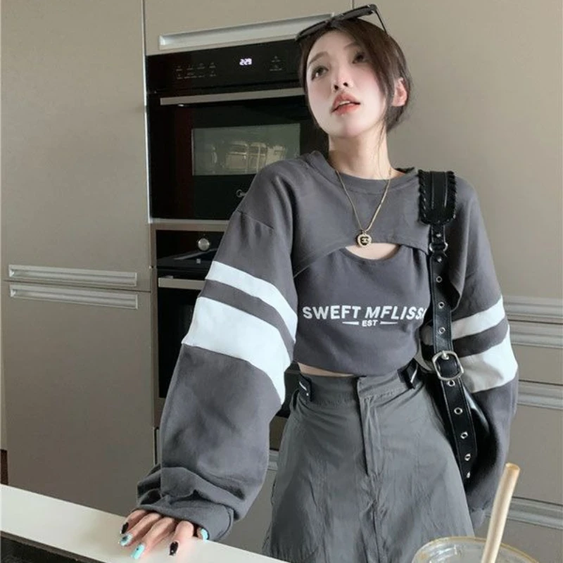 Lettre américaine courte à manches longues couches Blouse deux pièces ensemble femmes haut mince Sexy haute rue Harajuku polyvalent Smock nouveau haut