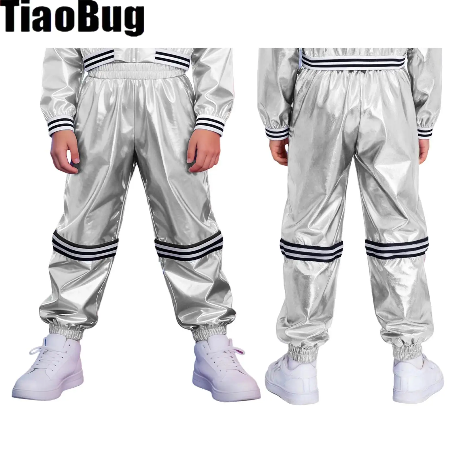 

Kids Boys Girls Dance Pants Elastic Waistband Zip-Off Stripe Metallic Pants with Pockets for Jazz Hip Hop Stage Performance