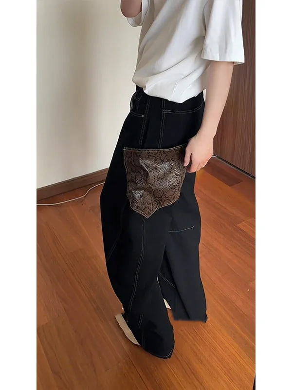

Men's Snake Skin Patchwork Wide Leg Jeans High Street Sle Knife Design Large ket Straight Cut Casual Trousers