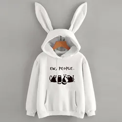 2024 Women's Sweatshirts Casual Loose Drawstring Bunny Ear Hoodie Cat Printing Pockets Blouses Loose Casual Ladies Tops