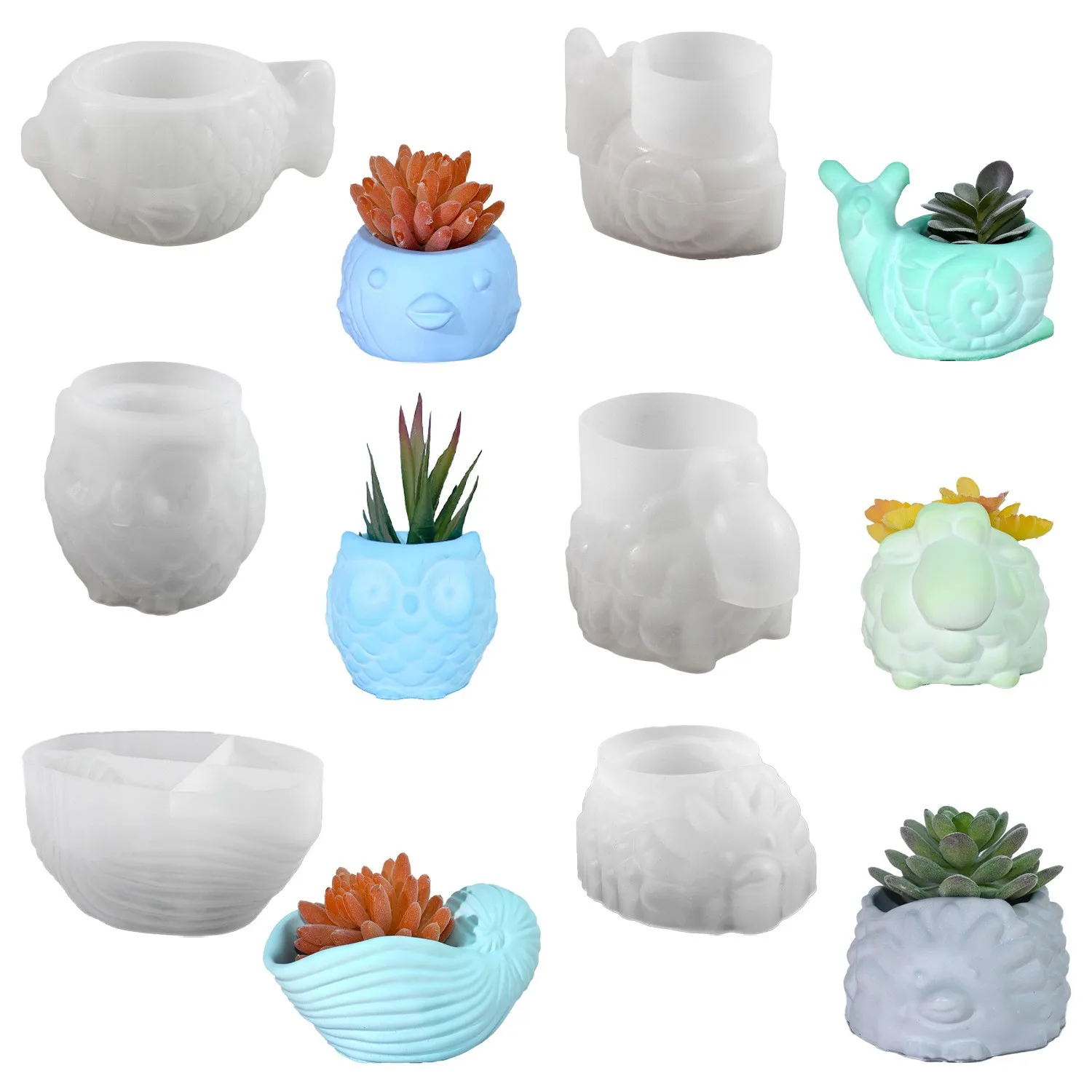 3D Animal Flower Pot Silicone Mold DIY Snail Owl Conch Hedgehog Fish Succulent Planter Flowerpot Plaster Epoxy Resin Mold