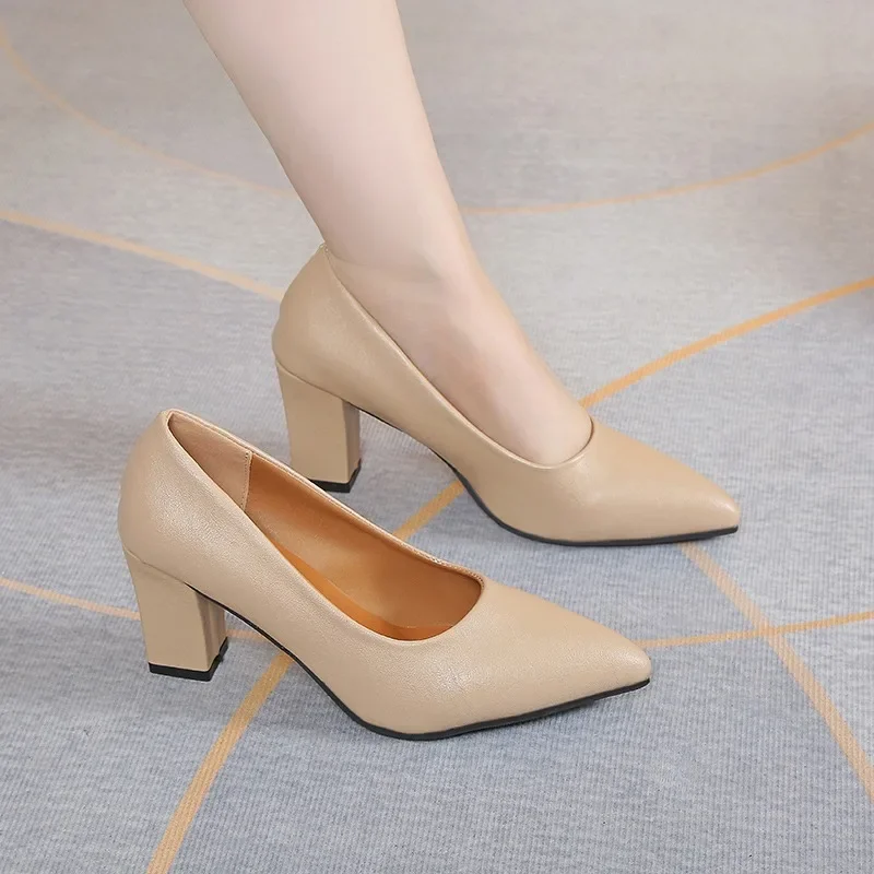 2024 Brand Shoes for Women Slip on Women's High Heels Concise Office & Career Pumps Women Pointed Toe Chunky Heels Shoes Ladies