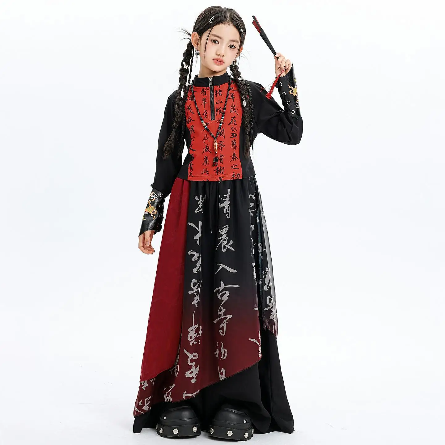 

Детская китайская одежда в стиле хип-хоп, черный, красный, укороченная футболка на шнуровке, повседневные сетчатые широкие брюки для девочек, танцевальный костюм, одежда