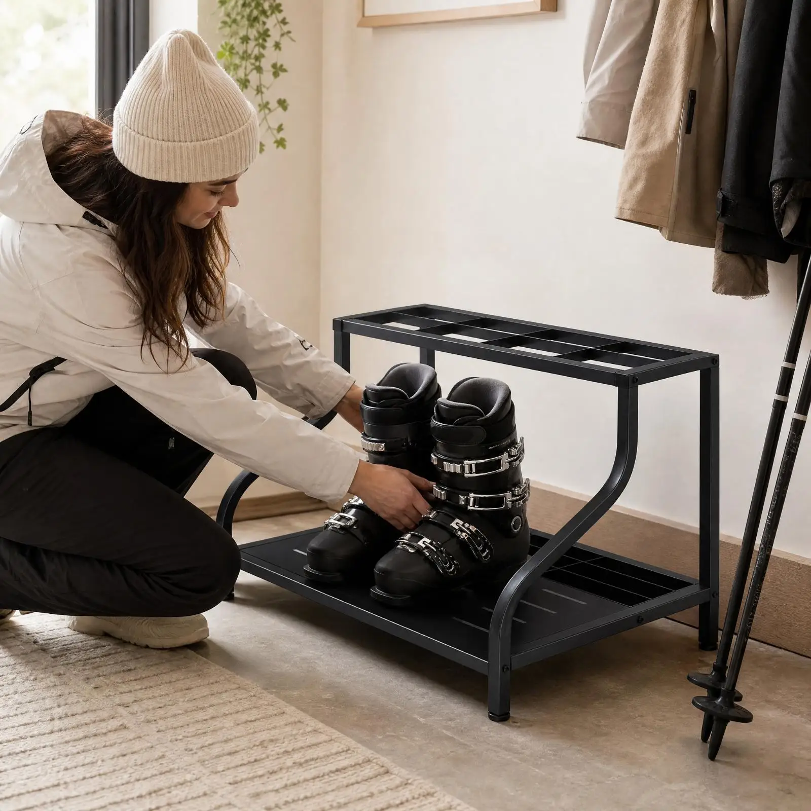 Freestanding Ski Rack with Floor Platform Compact Ski Equipment Storage Rack Sturdy Space-Saving for Garage, Entryway