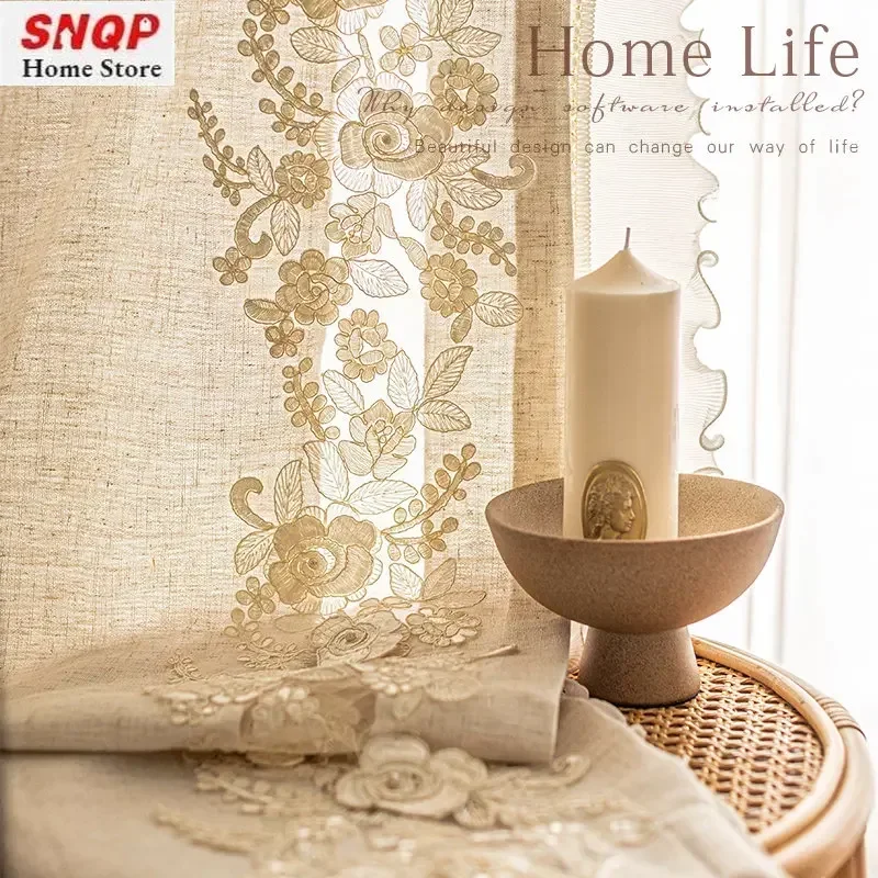 French Beige Cotton Linen Embroidered Lace Luxury Tulle Curtains for Living Room Bedroom Dining Room Warm Guest Window Elegant