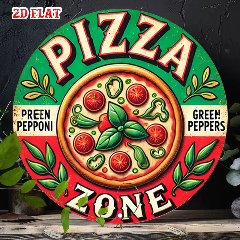 Letrero Metálico Plano 2D, Zona de Pizza, Comida Italiana Vintage, Pimientos Verdes, Pepponi, Arte Metálico para Pared, Decoración Rústica para Hogar, Cocina, Cafetería, Regalo
