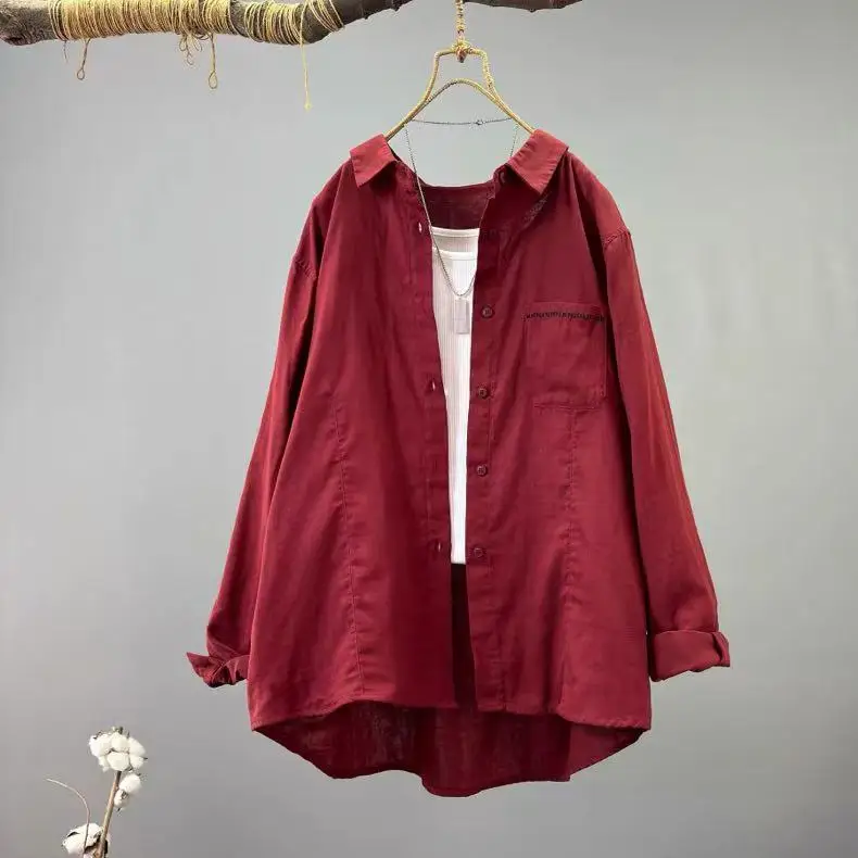 

2026 Middle aged women clothes Japanese fashion red white navy blue cotton yarn solid shirts and blouses for women large size to