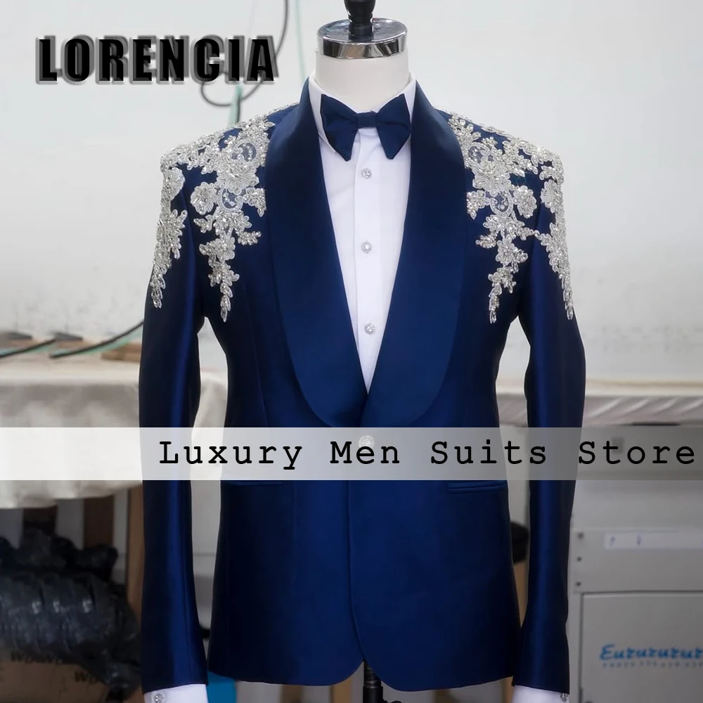 

Exquisite Glitter Applique Men Suits 2 Pieces Shawl Collar Tuxedos Wedding Party Outfits Customized Blazer Pants costumes homme
