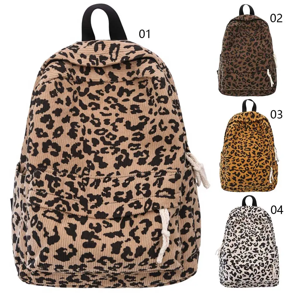 

Corduroy Leopard Backpack Teenagers School Bag Large Capacity Fashion Students Bookbag Multi Pockets Outdoor Travel Bag