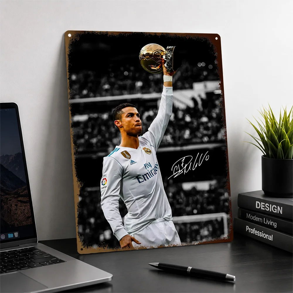 Cristiano Ronaldo Holding The Ballon D'or Aluminum Poster Customized Metal Sign Matchday Tribute Wall Art Perfect For Bedrooms