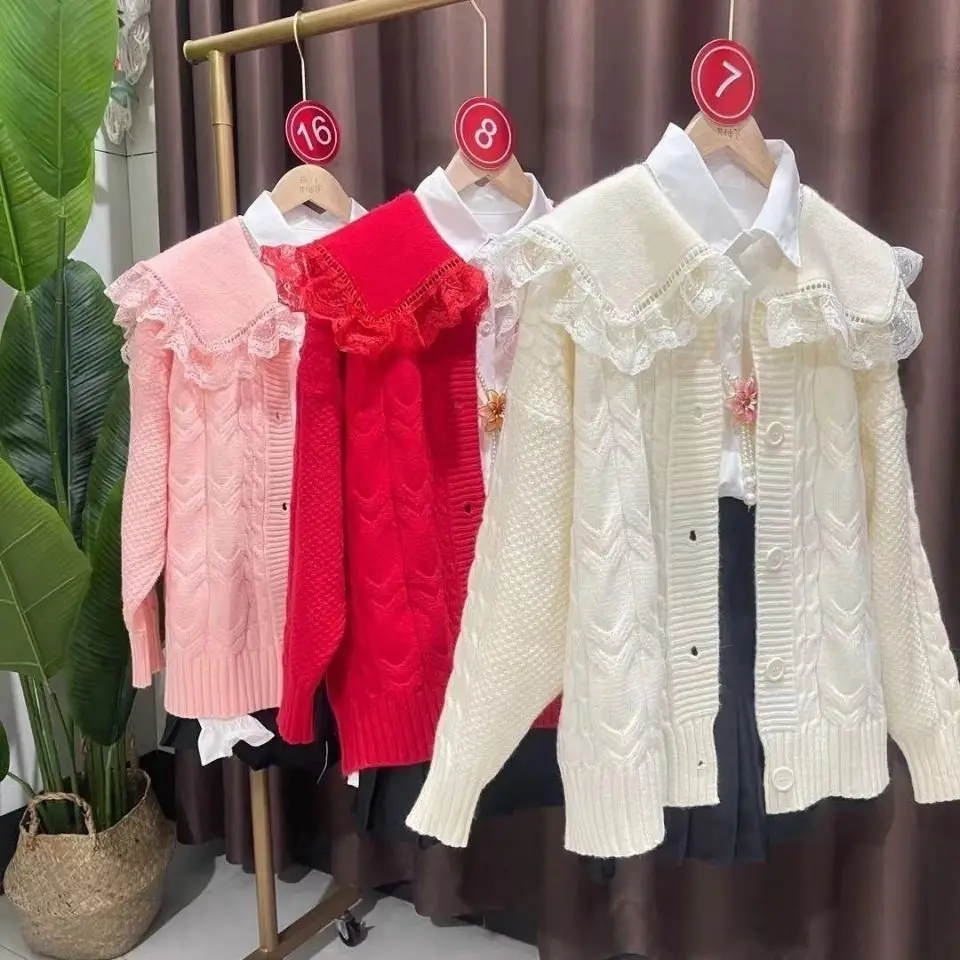 Spring Korean Version Quality Sweet Splicing Ruffled Peter Pan Collar Lace Knitted Cardigan Sweater Jacket Coat U609