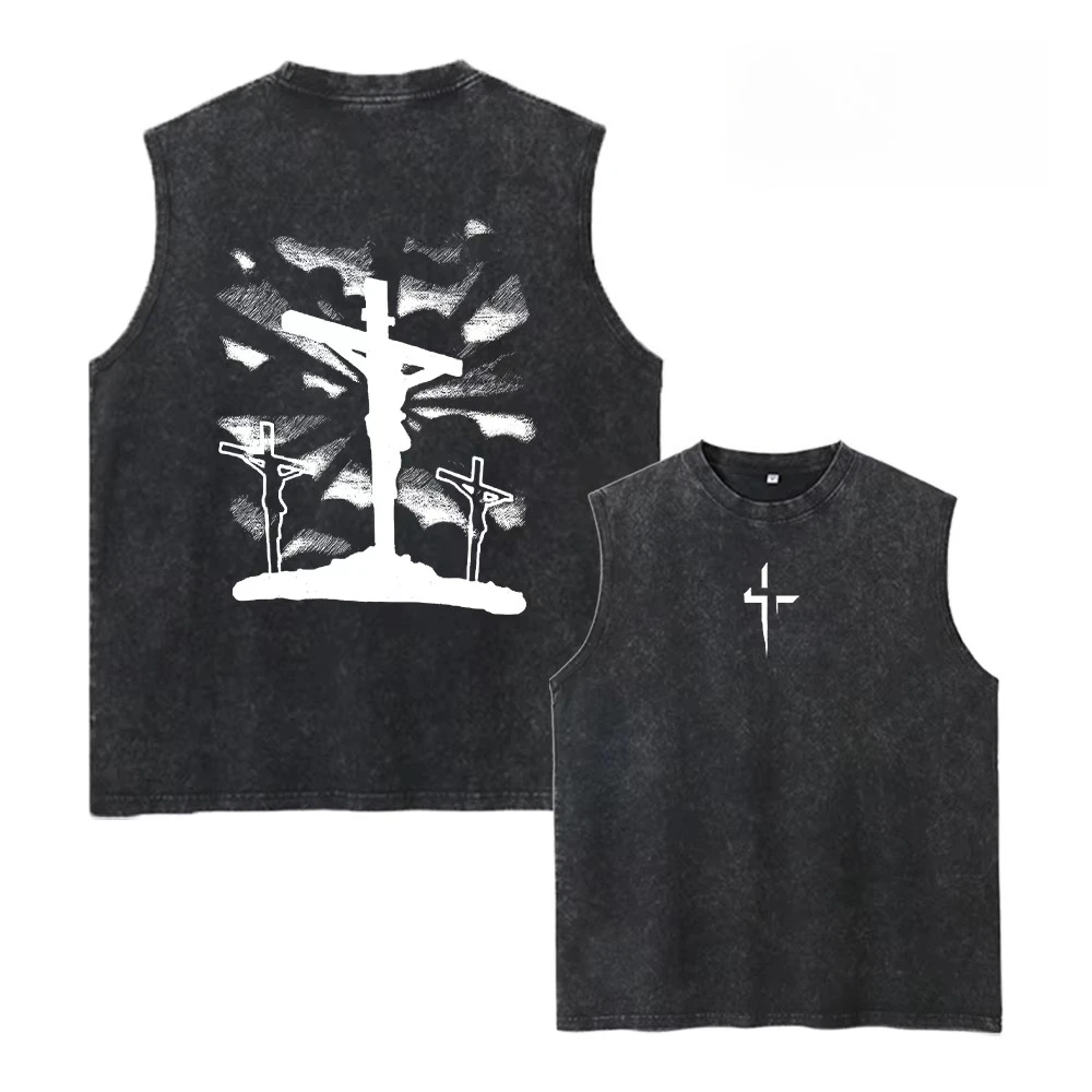 2026 new Y2K Retro Gothic Cross with Thorns Print Sleeveless T-Shirt Men Washed Cotton Oversized Tank Top Streetwear Vest
