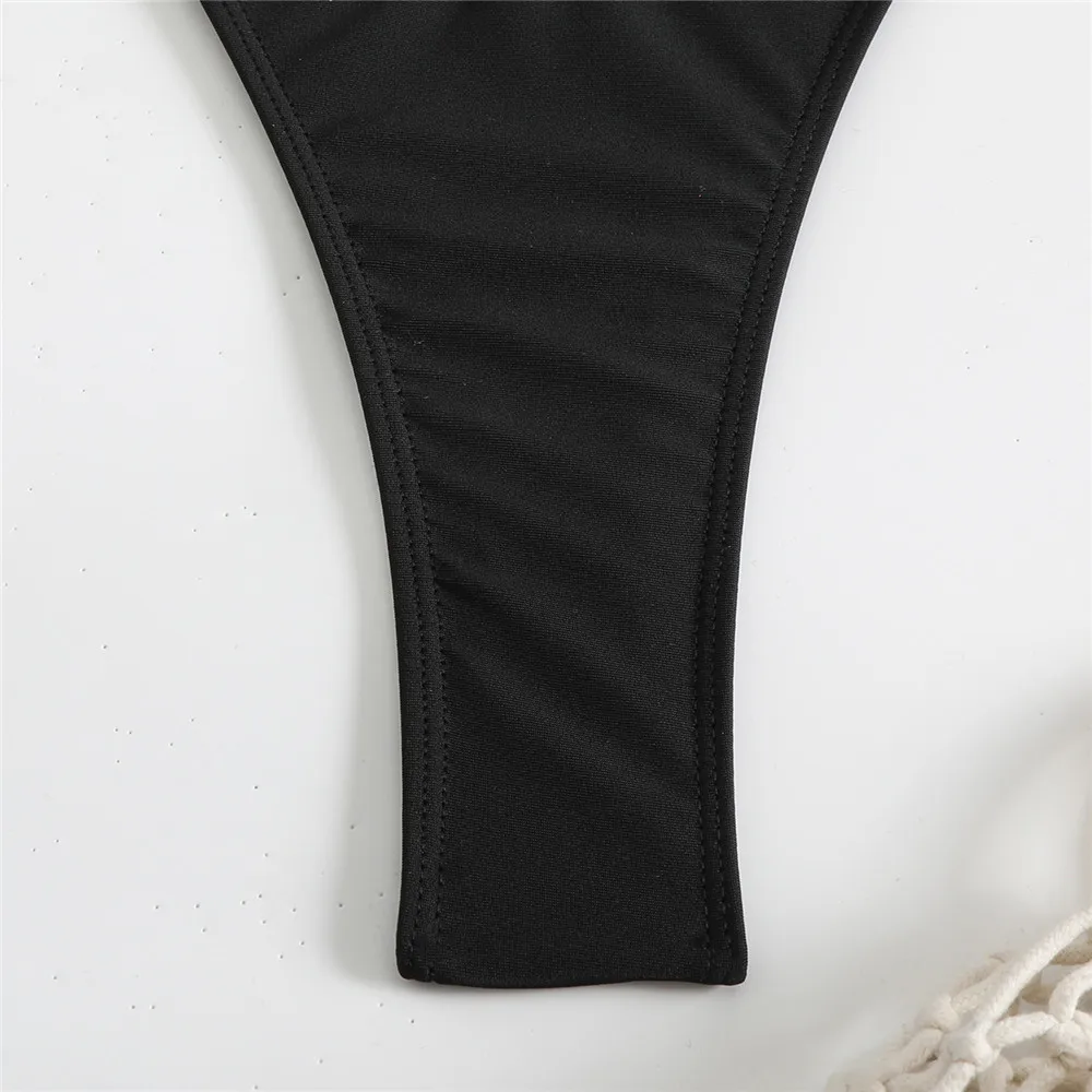 ชุดบิกินี่ไมโครสีดำล้วนแบบ 4 ชิ้น ชุดว่ายน้ำเซ็กซี่ ผ้าคลุม ชุดว่ายน้ำแขนยาวสำหรับผู้หญิง ชุดชายหาด บิกินี่แบบผูกเชือก