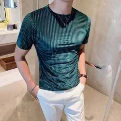 2023 Spring Summer Korean Version Men's Trend Slimming Short Sleeve Round Neck Solid Color Striped Printed Fashion Youth T-shirt