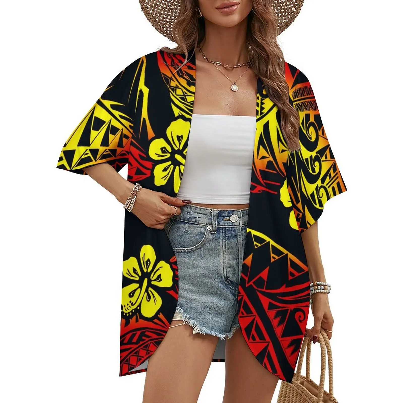 

Elegant Summer Cardigan Coat Women's Casual Shirt Shirt Half Sleeve Loose Top Polynesian Ethnic Style Print Custom Coat