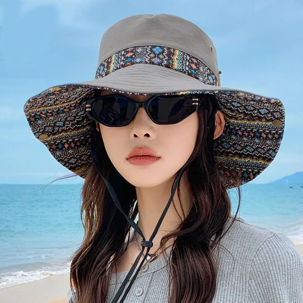 

Floral Printed Women's Sun Hat Wide Brim Anti-UV Wide Brim Bucket Hat Large Brimmed Ethnic Style Mountain Climbing Hat Outdoor