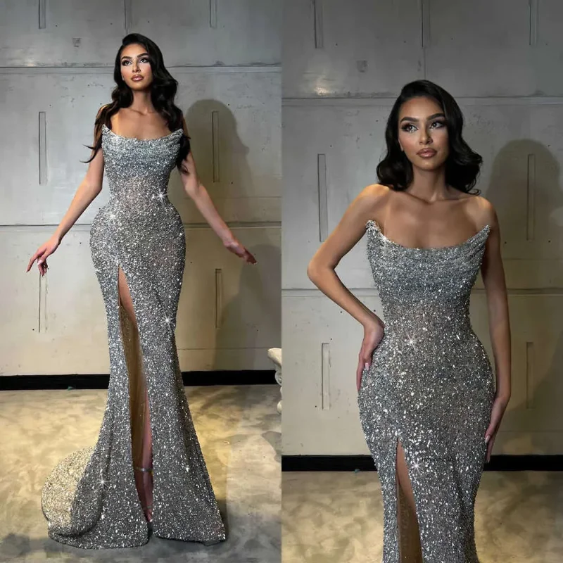 Sleeveless And Strapless Ball Gown With Sparkling Beads Decal Celebrity Evening Gown And Sexy Side Split Long Dress Customized