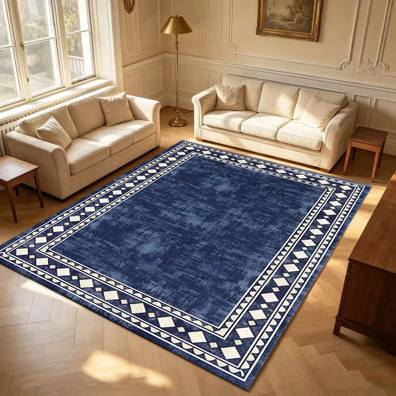 Vintage Navy Blue Border Carpet, Abstract Distressed Style, Suitable for Living Room Interior Home Decor