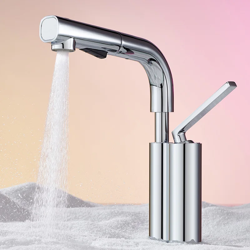 Bathrom Basin Faucet Hot and Cold Pull Out Lavatory Sink Faucet  Bathroom Vessel Sink Taps Brass Single Black Sink Mixer