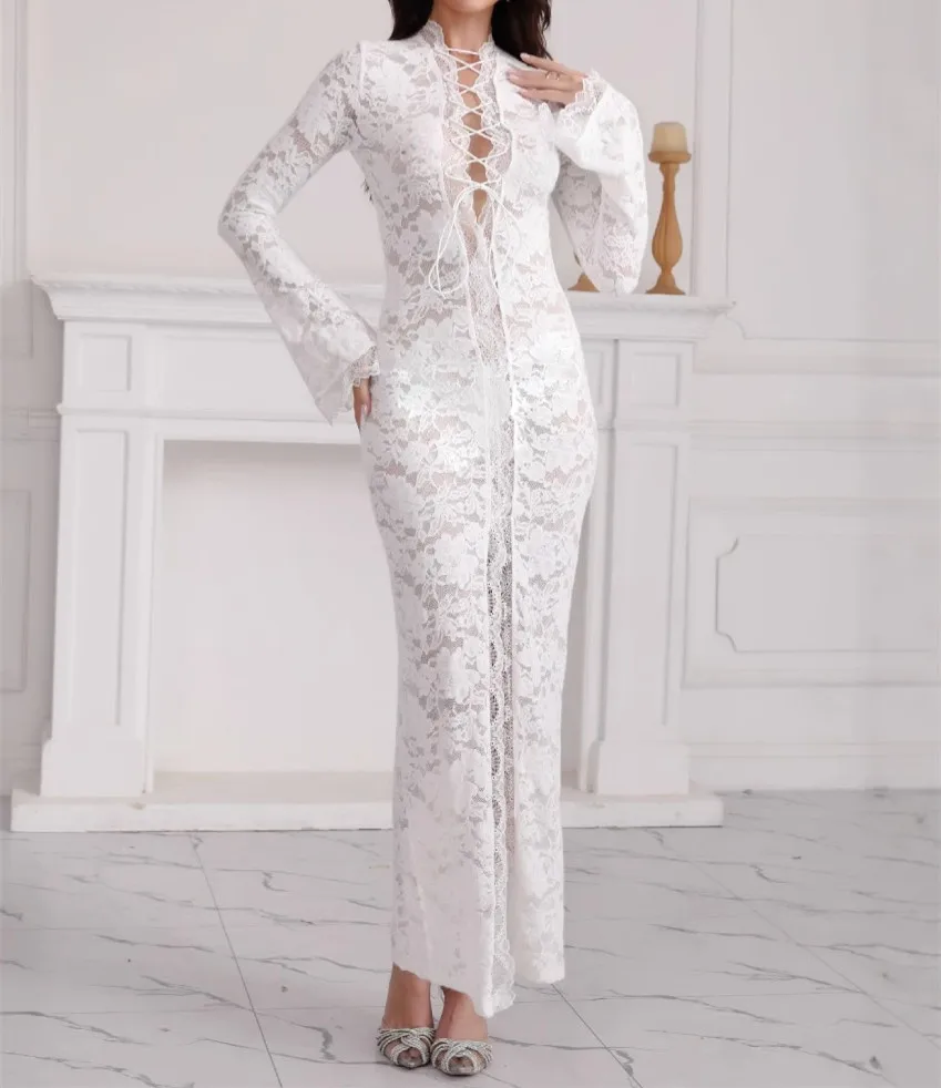 Abito sexy alla caviglia con scollo a V a maniche lunghe di nuova moda con lacci tinta unita slim fit tubino in pizzo trasparente con spacco per le donne