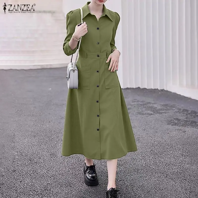 Women Party Robe ZANZEA Long Shirt Vestidos 2025 Autumn Long Sleeve Fashion Lapel Solid Pockets Casual OL Streetwear Maxi Dress