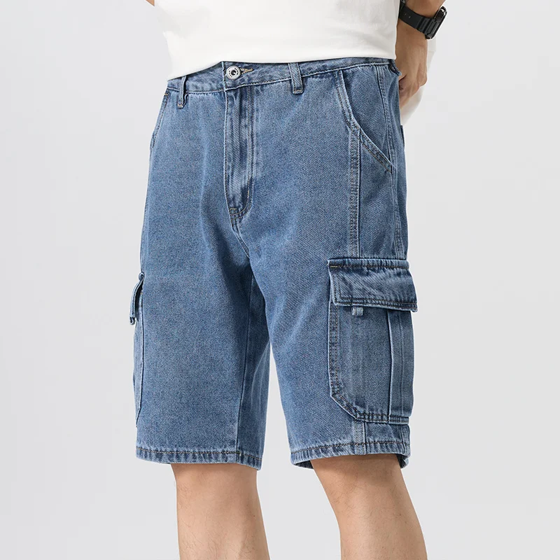 Men's Fashion Cargo Denim Shorts Summer Streetwear Multi-Pocket Casual Knee Length Stretch Five-Point Jeans Shorts Male Trendy
