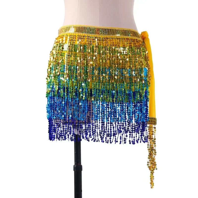 4 Layers Wave Hip Scarf Women Belly Dance Performance Costume Shine Sparkle Fringe Sequin Mini Skirt Wrap Belt Colorful New Gold