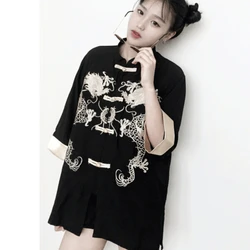 Black Gothic Tang Suit Shirt Dress for Girls Women Chinese Traditional Blouse Single Breasted Dragon Embroidery Jacket Coat