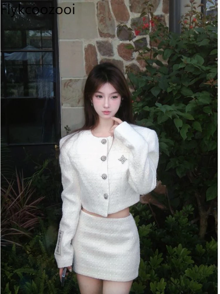 Female 2024 Autumn and Winter New Style Short Blouse Coat High Waist Thin Package Hip Skirt Costume Deux Pieces Femme