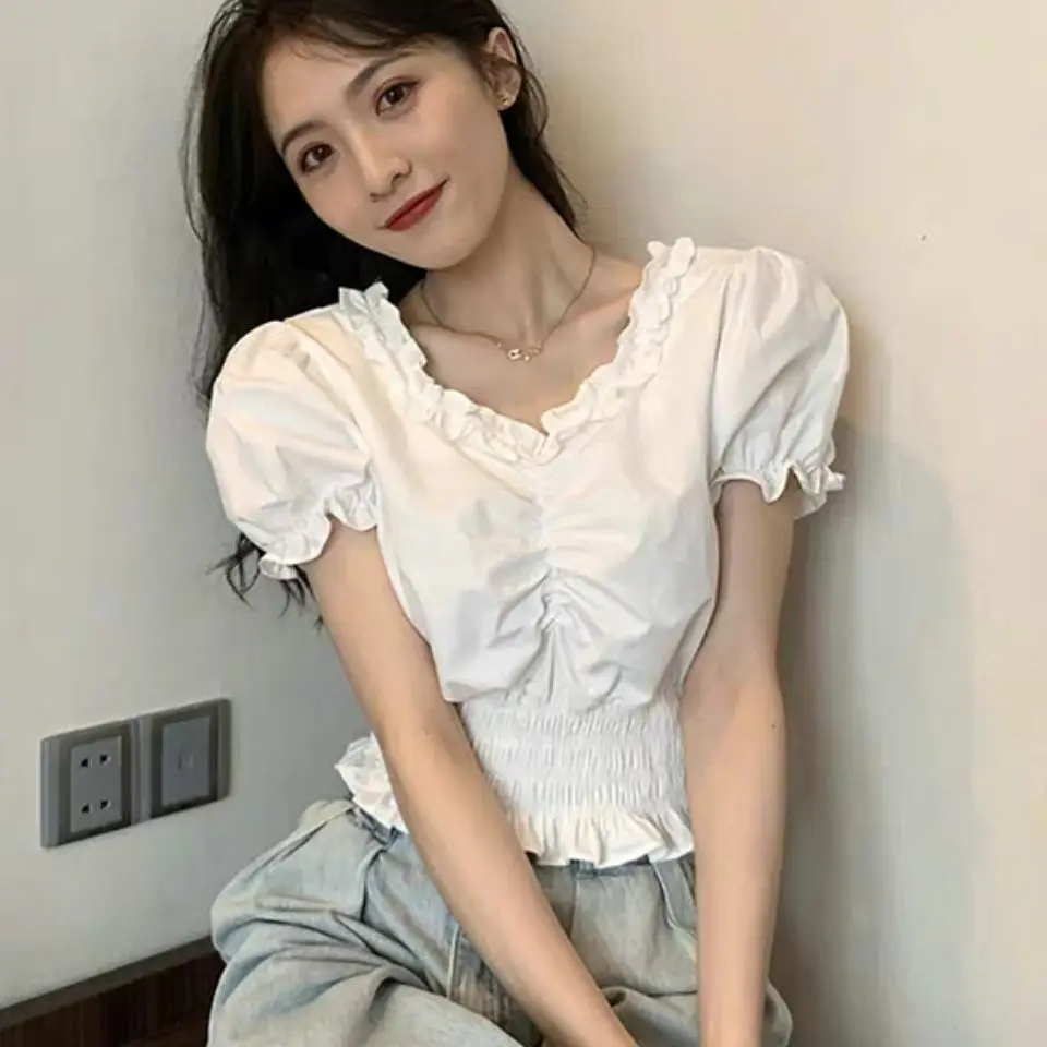 Elegant White Ruffles V Neck Cropped Top Casual Short Sleeve V NEck Ruched Slim Blouse Women Summer Simple All match Shirt