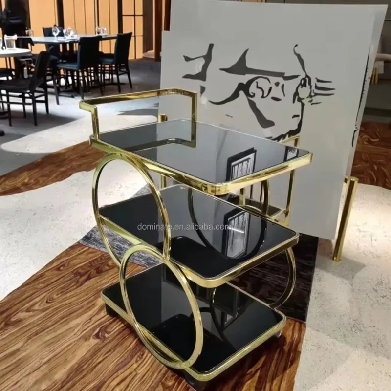Customized Stainless Steel Frame Black Tempered Glass Bottom Manual Hotel Wedding Banquet Cart Trolley