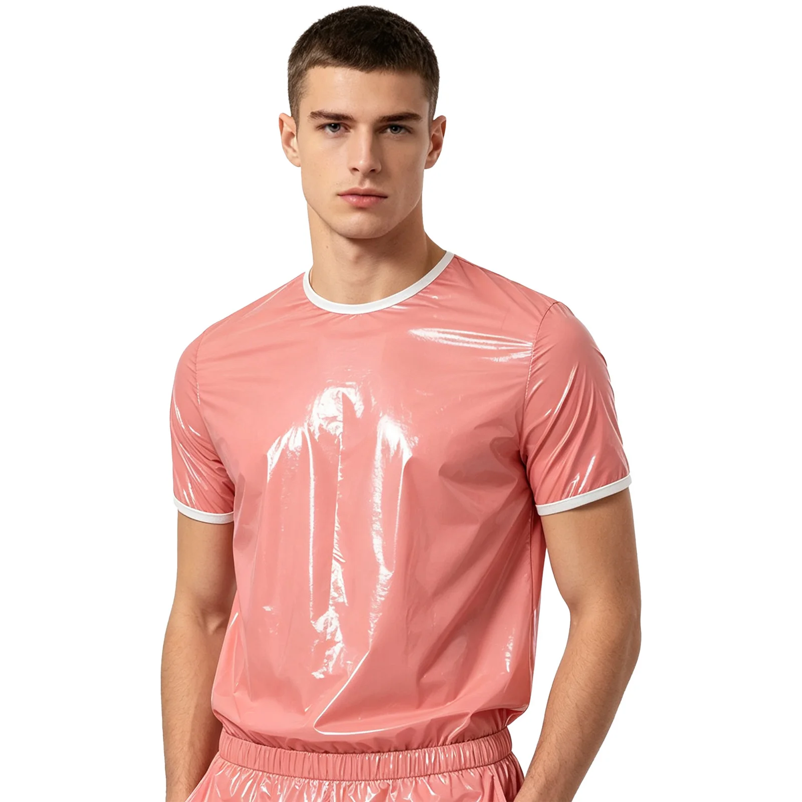 Mens Glossy Waterproof Tank Top Short Sleeve PVC Crop Top Clubwear Vinyl Reusable Hip Hop Dancing Wet Look Casual Streetwear