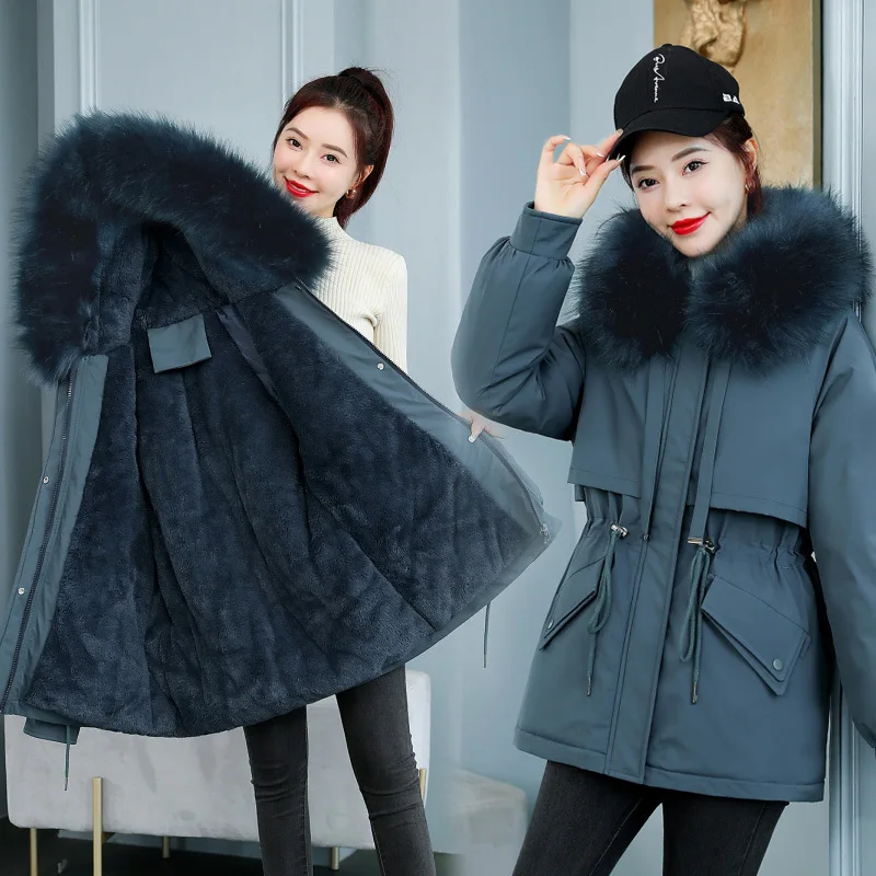 2024 Winter New Women\'s Medium to Long Hairy Collar with Velvet Cotton Coat Thick Coat