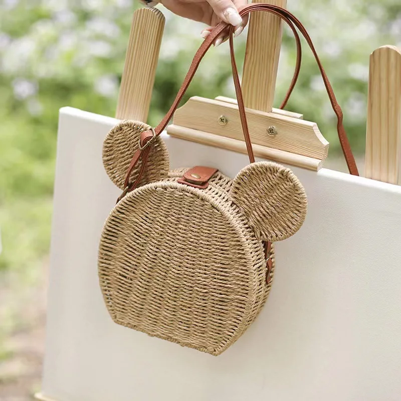 Disney New Ladies Designer Straw Fancy Bag Cute Handbag Rattan Travel Leisure Vacation Small Round Beach Mickey Shoulder Bag