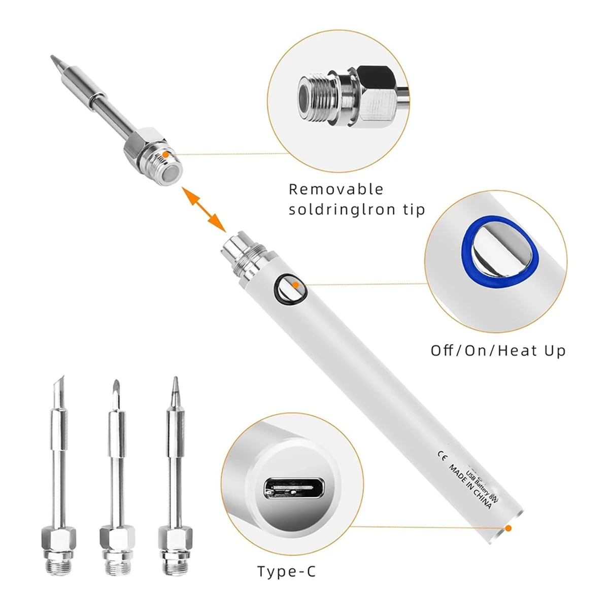 무선 납땜 다리미 키트, 무선 납땜 다리미, 내장 1100mAh 배터리, 3 가지 온도 조정 설정, 흰색