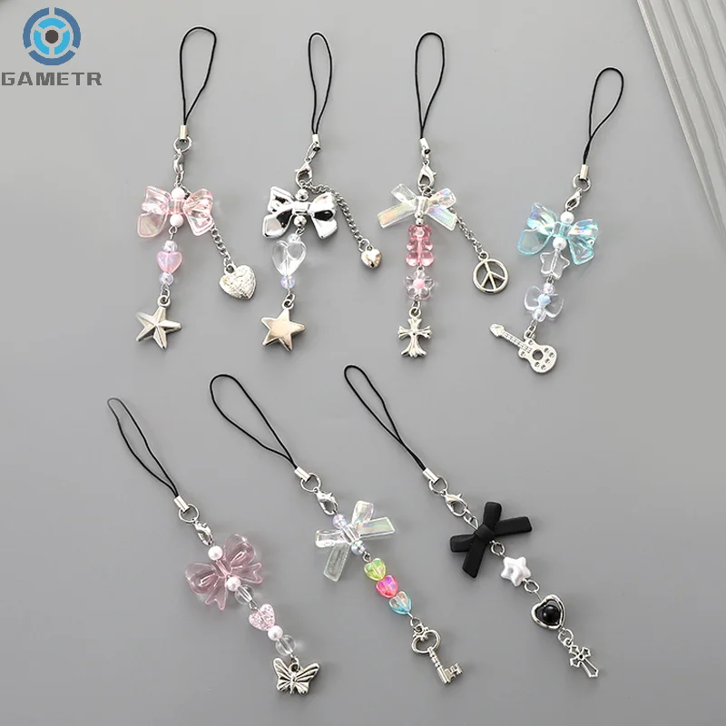 Creative Phone Charm Bow Keychain Pendant Kawaii Bag Decoration For Women Girls Exquisite Beaded Strap Lanyard Keychain Gifts