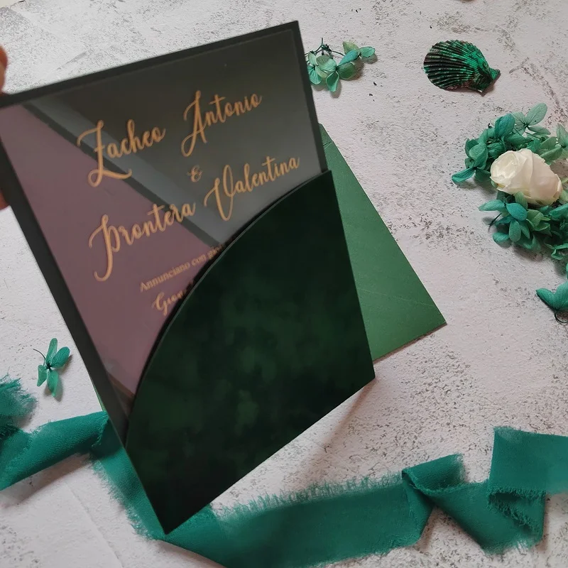 Emerald Green Suede Velvet Invitation Pocket with Gold Foil Acrylic Invitation Card Arch Wedding