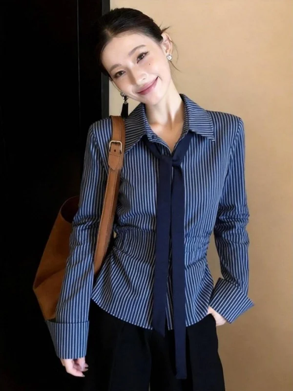 

Новая модная женская рубашка в полоску с длинным рукавом, приталенного кроя, весенняя коллекция, премиум-класс, трендовая женская одежда во французском стиле