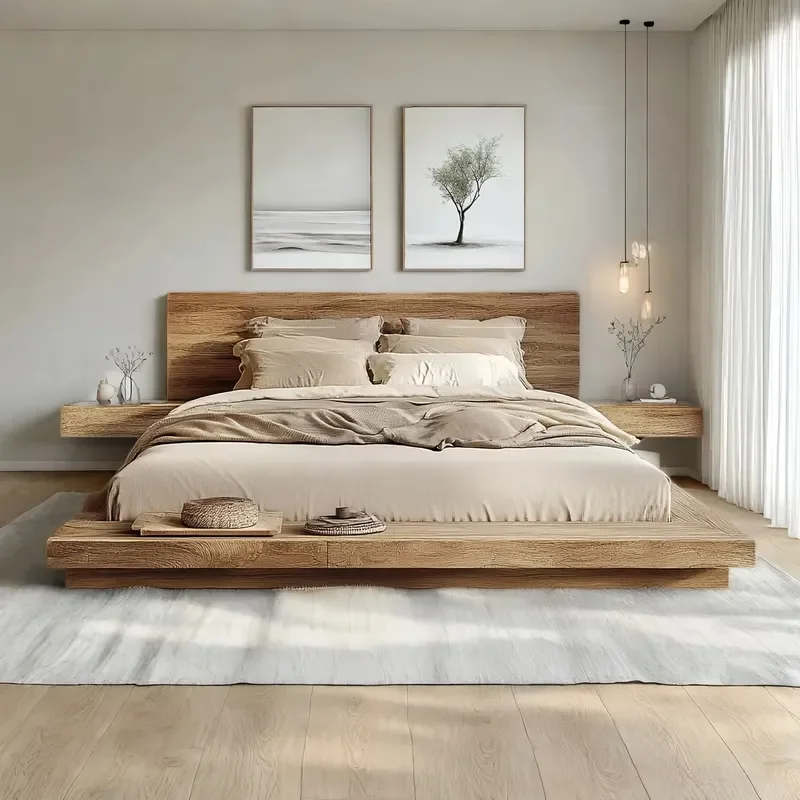 Wabi Sabi Style All Solid Wood Queen Bed Double Bed with Natural Edge Log Design Patented Pure Solid Wood Furniture in Log
