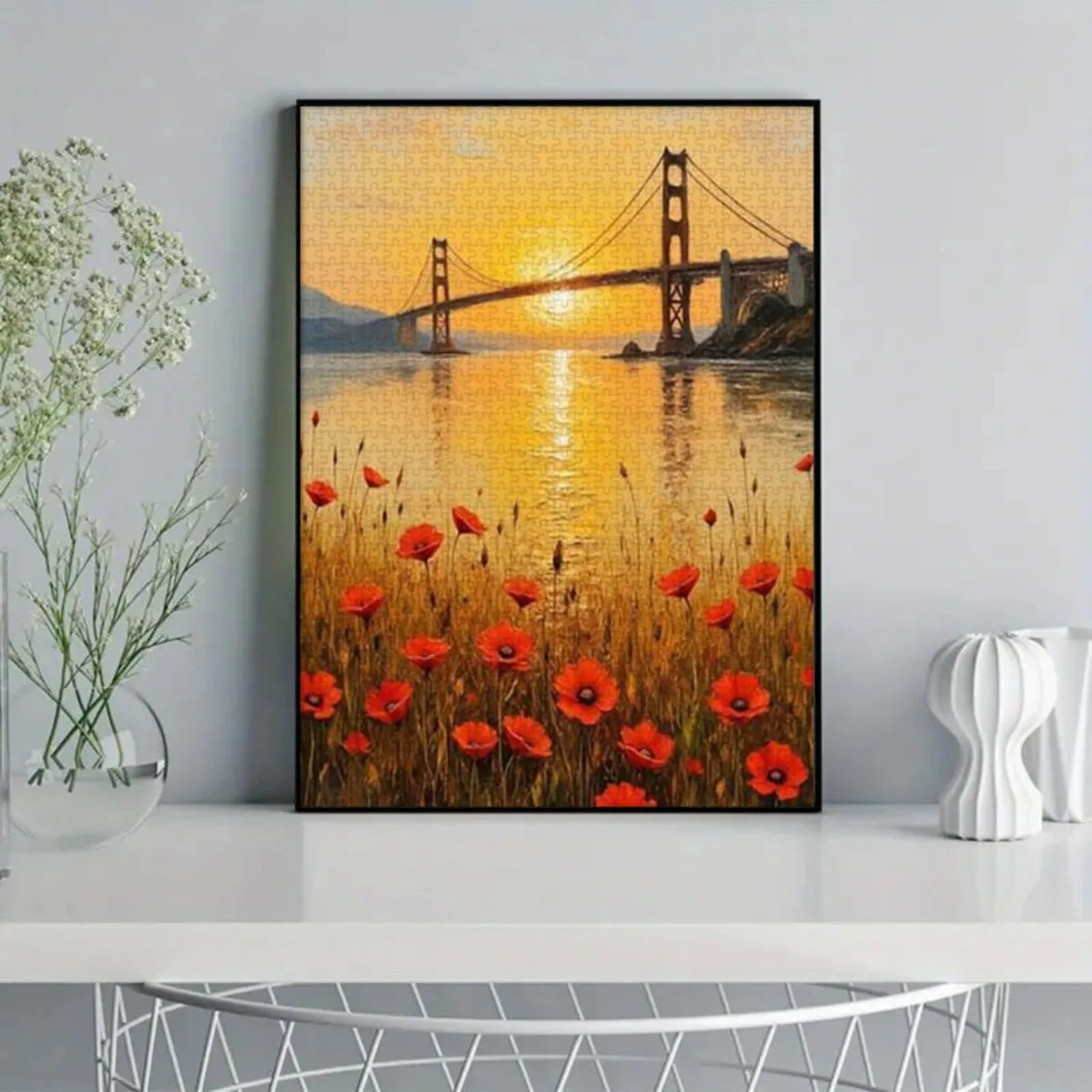 500/1000/1200ピース 大人＆家族向けジグソーパズル - ゴールデンゲートブリッジ、3Dポピー畑をモチーフにした大きな挑戦的な脳トレパズル