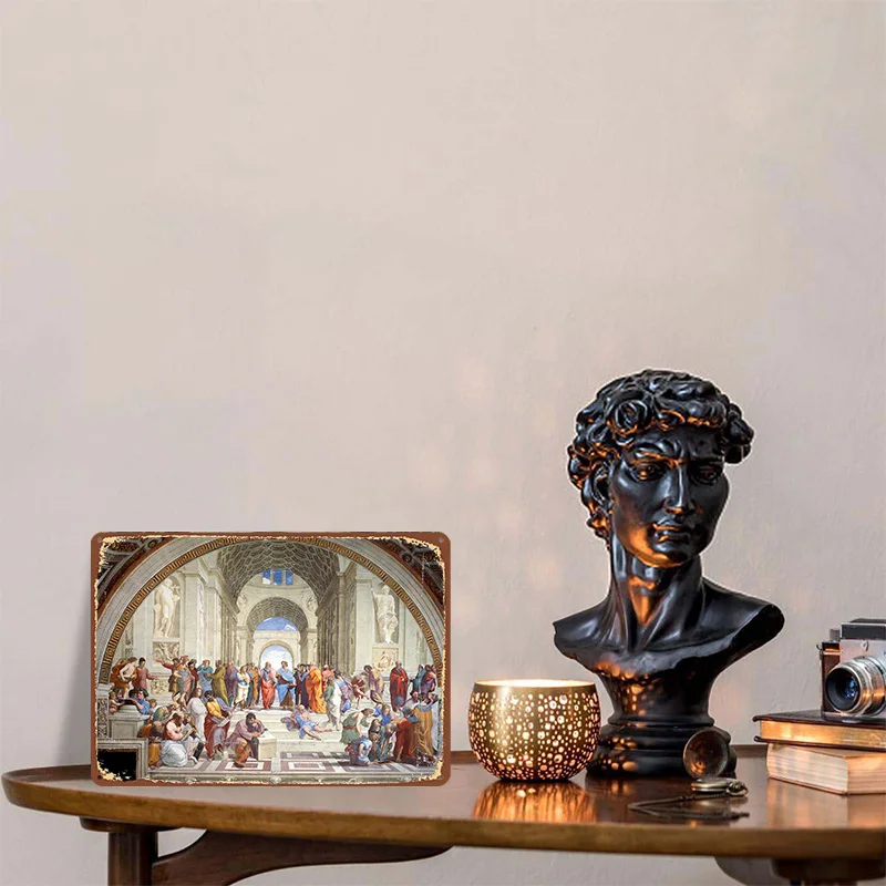 School of Athens Raphael Printed Poster Customized Wall Art Retro Vintage Metal Tin Signs for Home Office Decoration Gaming Room