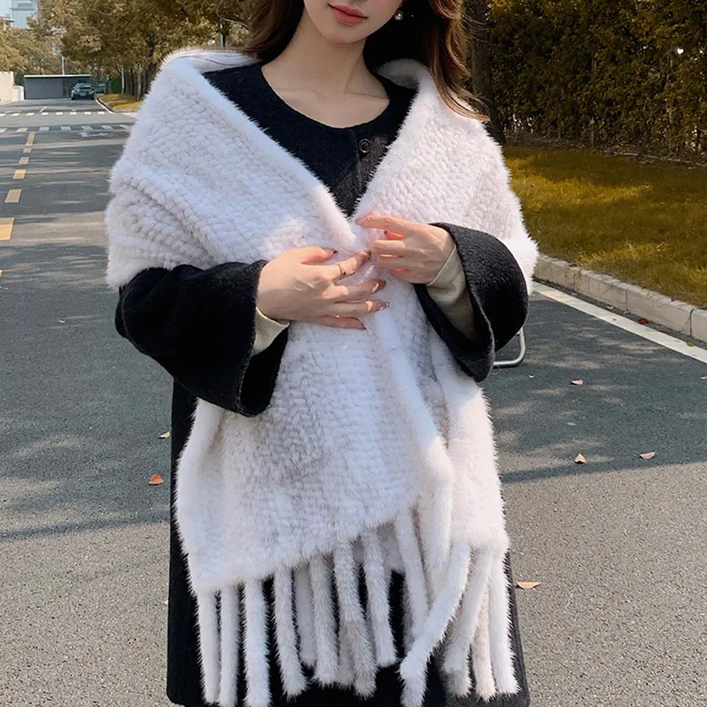 

2025 новые стильные женские шарфы из натурального норкового меха с кисточками, женские накидки из пашмины, осень-зима, женские шали из натурального норкового меха