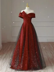 Elegant Dress for Women Burgundy Splicing Lace Sequin Strapless Long A-line Skirt Solid Color Evening Gown M392