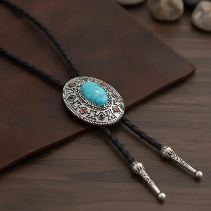 Western Style Bolo Tie Vintage Artistic Turquoise Inlay Round Disc for Travel Photo Shoot Props