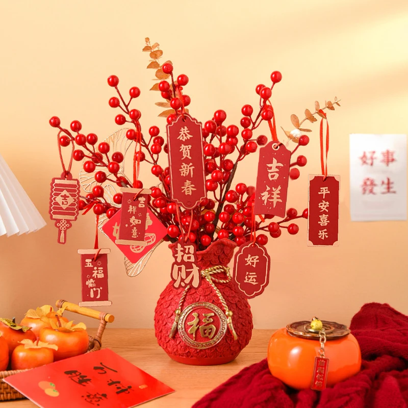 2024 Chinese New Year Decoration Red Fortune Fruit Artificial Golden Eucalyptus Leaf Lucky Flower Money Bag with Red Fruit ​vase