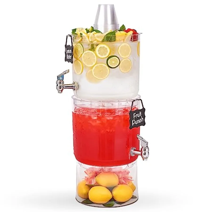 

Durable 2 Gallon Beverage Dispenser with Stand - Stackable Drink Server for Parties - Includes Party Top Lid and Chalk board Ta